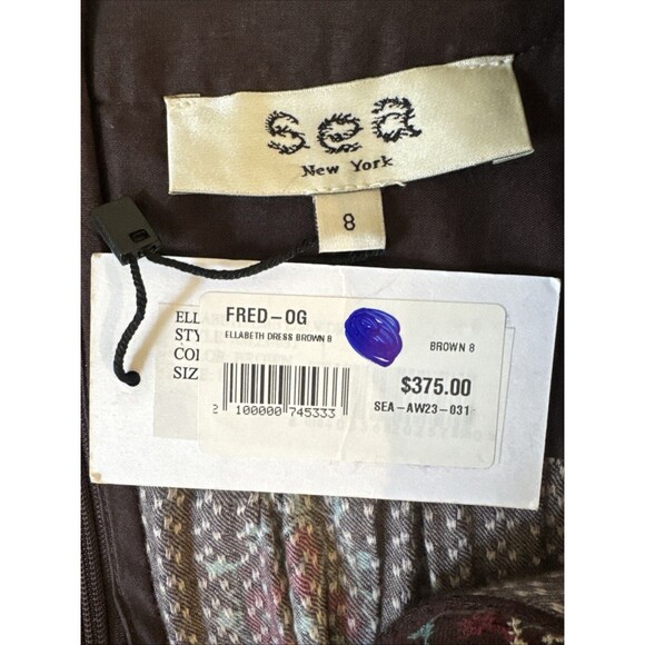 NWT SEA NY Ellabeth Size 8 Boho V-Neck Brown Cotton Blend Long Sleeve Dress  New - Picture 6 of 16